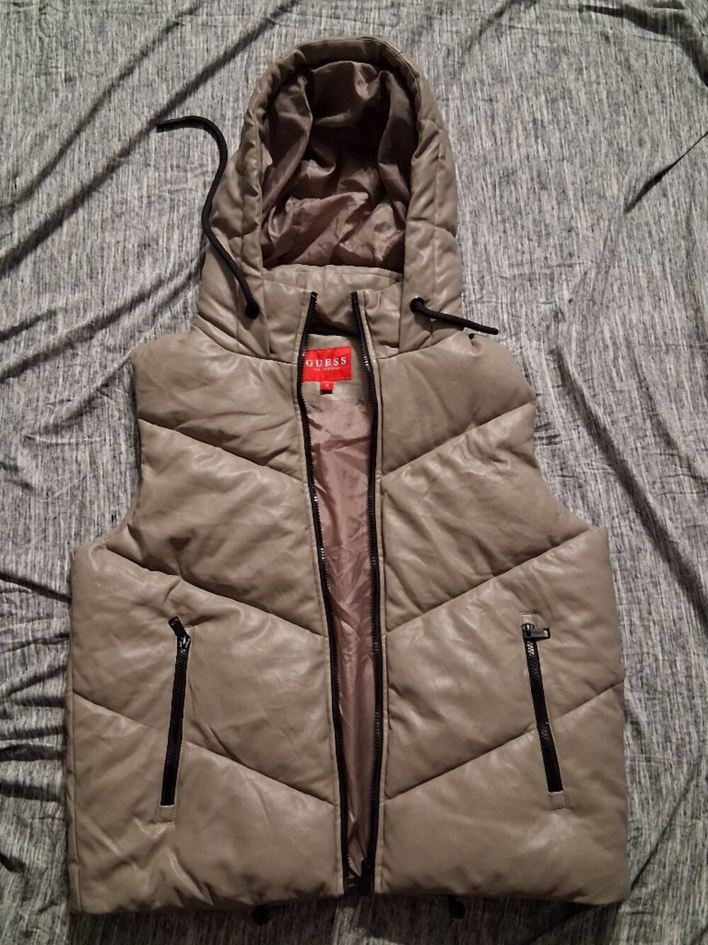 GUESS Men’s Taupe Faux Leather Hooded Puffer Vest
